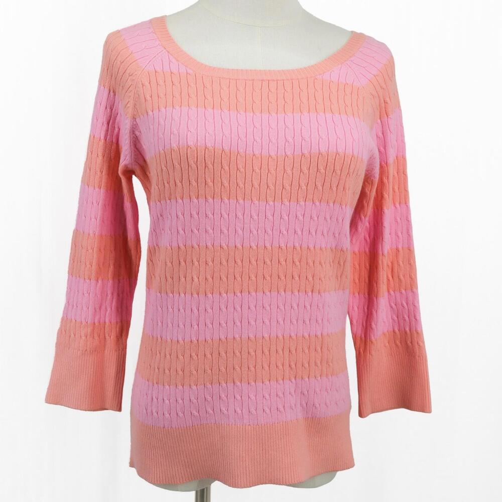 St. John’s Bay Pink & Coral Cable Knit Sweater Medium – Soft Cotton Blend 3/4 Sl